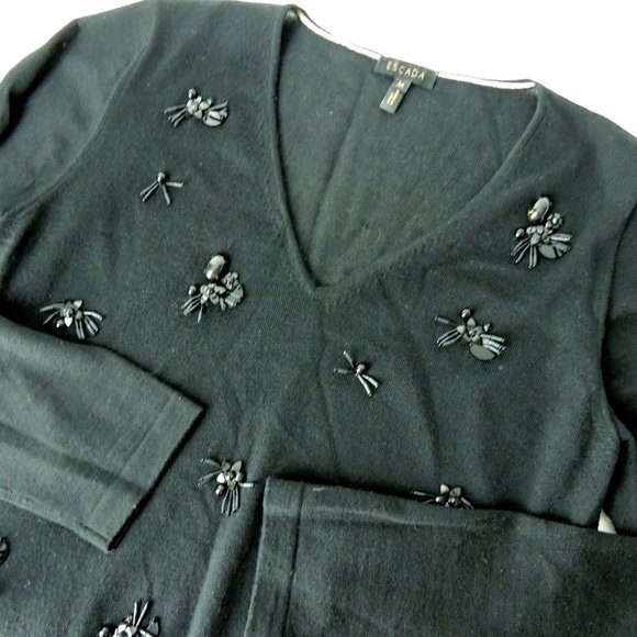 Escada black V-neck jewel embellished Virgin Wool sweater top size M made Italy - Picture 5 of 13